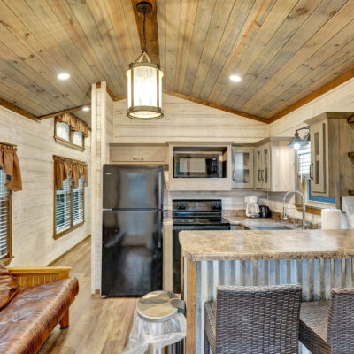 premium lakeside cabin - kitchen and living area